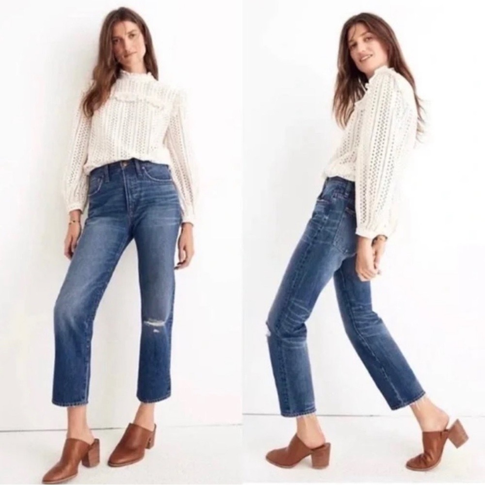 Madewell Classic Straight Jeans in Jade Wash Knee-Rip‎ Edition Size 26
